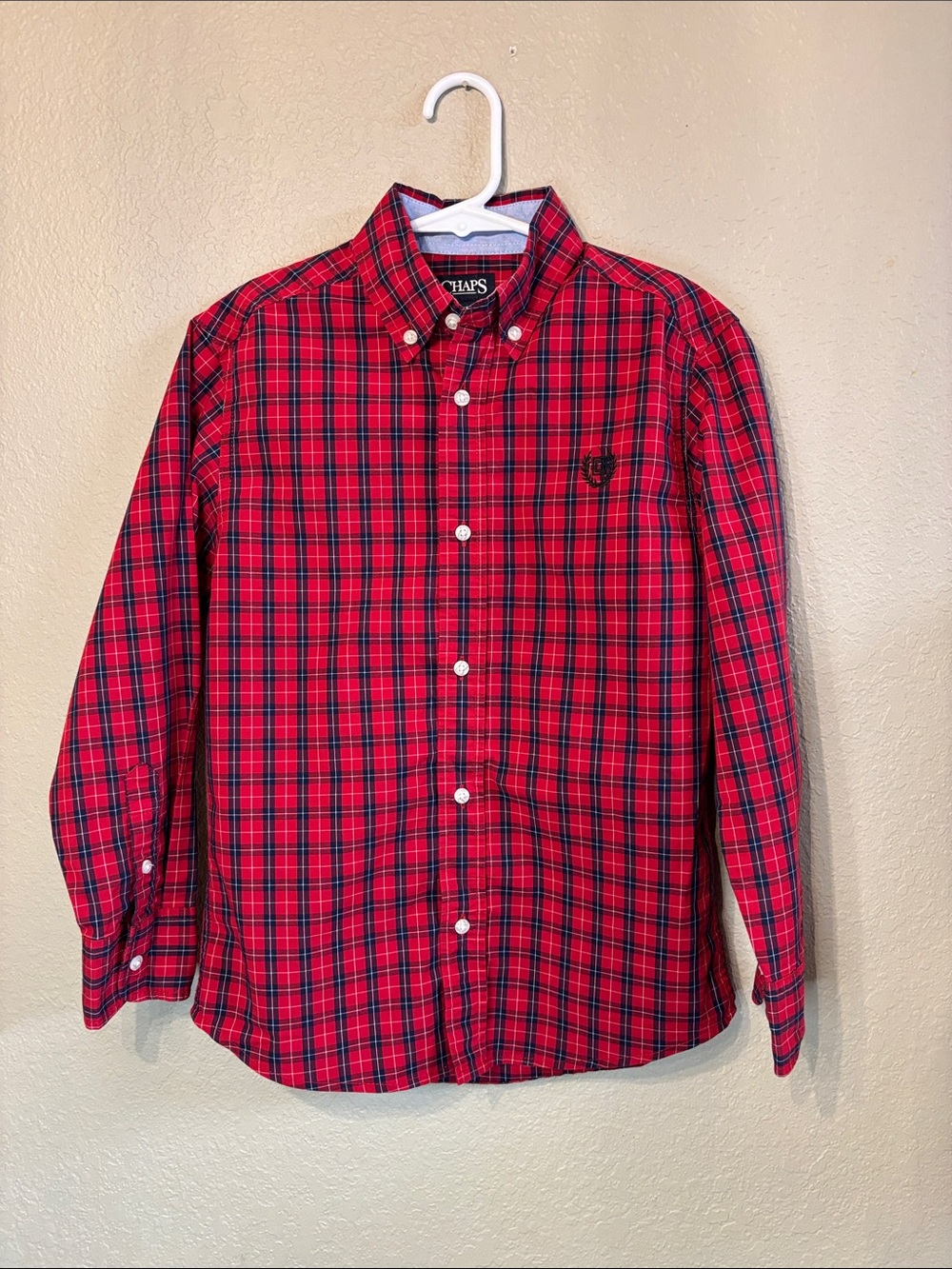 Chaps Shirt Boys Red & Blue Plaid Long Sleeve Button Down Classic Shirt Sz S/P 8